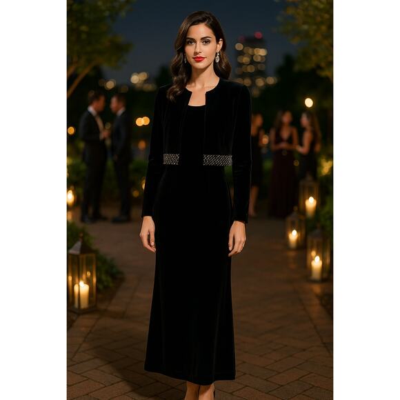 Kurtz Black Velvet Maxi Dress 2 PC SZ 8 Formal Timeless Cropped Jacket Glam - Picture 1 of 14